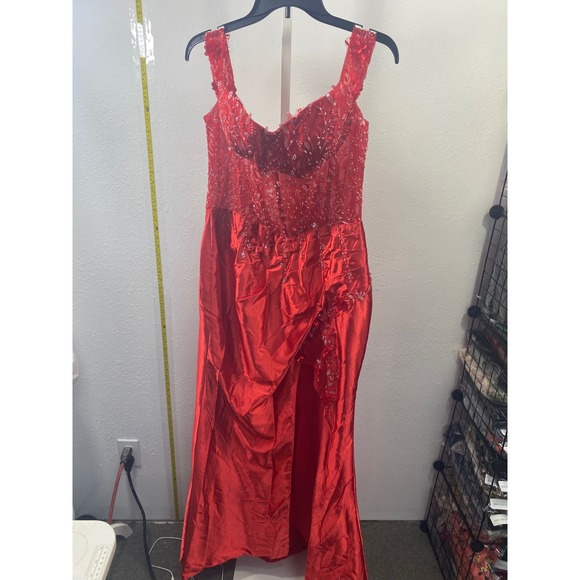 Dresses & Skirts - Red Sequin Corset Formal Gown Satin High Slit Prom Dress Lace Back Floor Length
